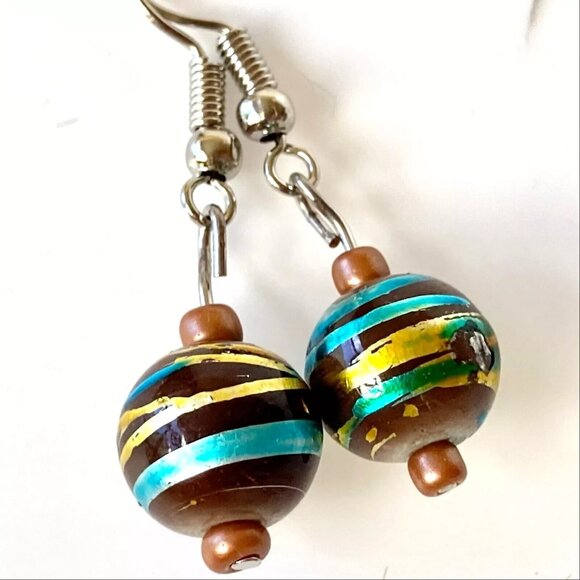 Murano Art Glass Earrings Bead Hand Painted Aqua Brown Told Round Silver Plated - Picture 1 of 10